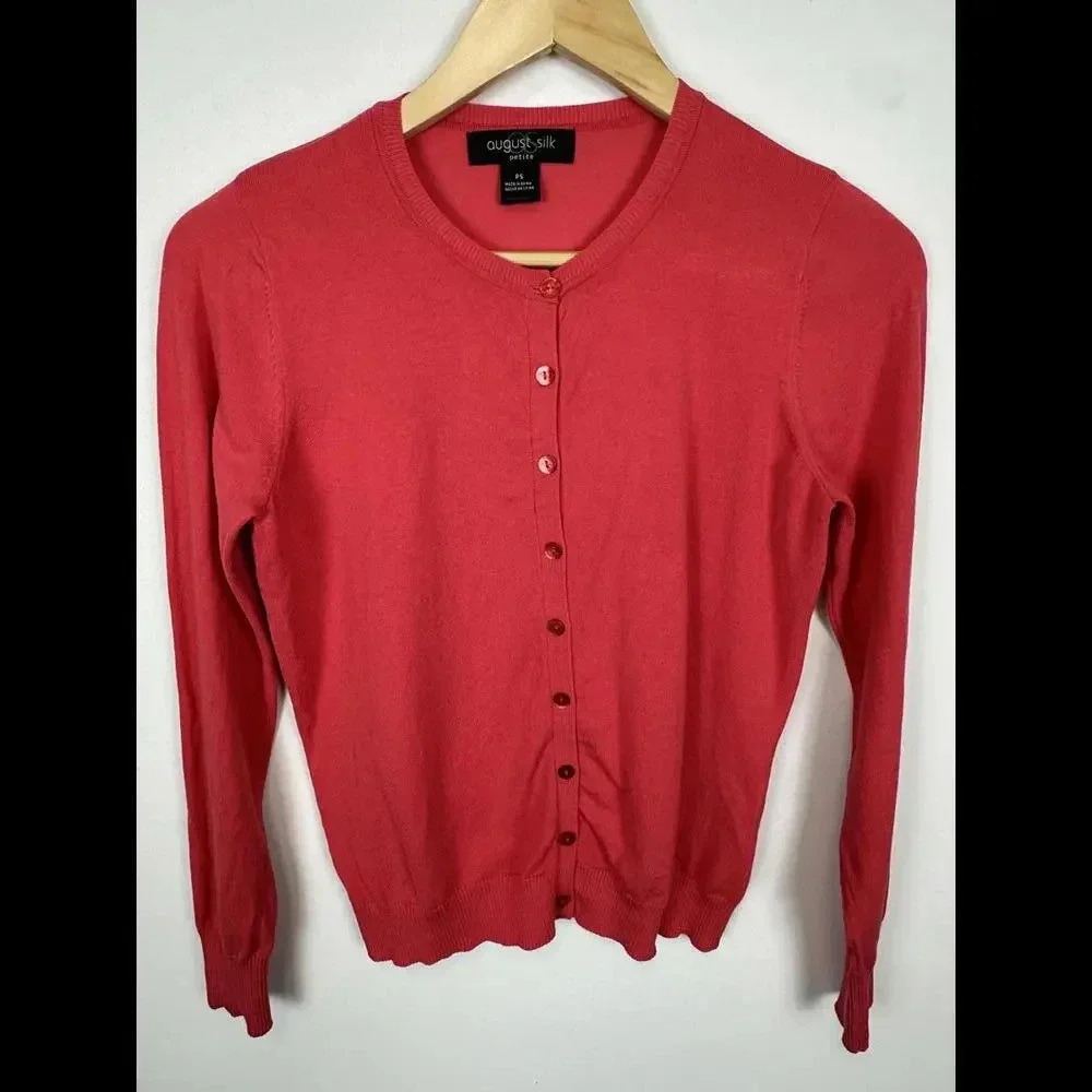 August Silk Coral Long Sleeve Crew neck Cardigan SIZE S Petite